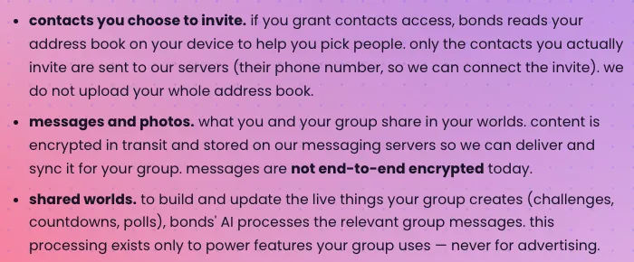 Screenshot of bonds' public privacy policy: messages and photos, content is encrypted in transit and stored on our messaging servers; messages are not end-to-end encrypted today