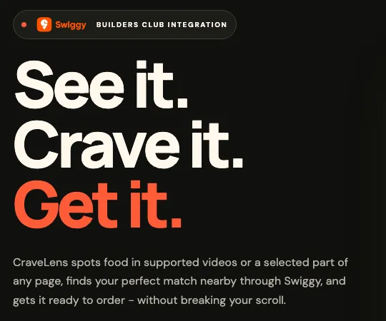 Screenshot of CraveLens's public home page: "See it. Crave it. Get it." under a Swiggy Builders Club badge