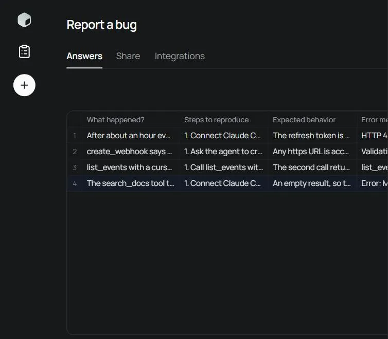 Screenshot from Cube Forms' Product Hunt gallery: the creator's Answers tab for “Report a bug”, four rows of answers and no column for who sent them