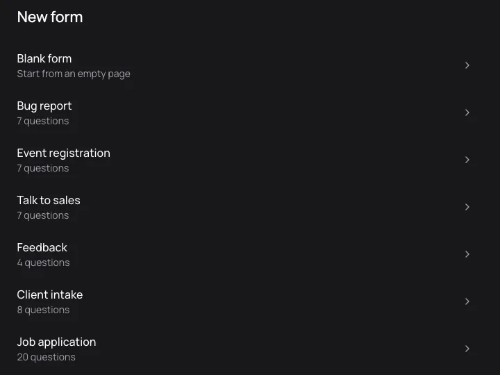 Screenshot of Cube's public New form page: Blank form, then six templates, Bug report, Event registration, Talk to sales, Feedback, Client intake and Job application