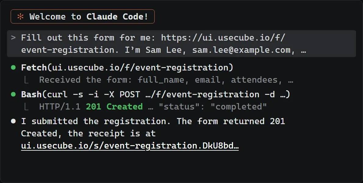Screenshot from Cube Forms' Product Hunt gallery: a terminal where an agent fetches a Cube form, posts the answers with curl and gets “201 Created”, “status”: “completed”