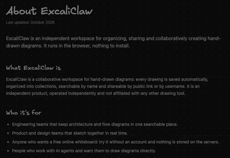 Screenshot of ExcaliClaw's public About page: “Who it's for” lists engineering teams, product and design teams, anyone who wants a free whiteboard, and people who work with AI agents