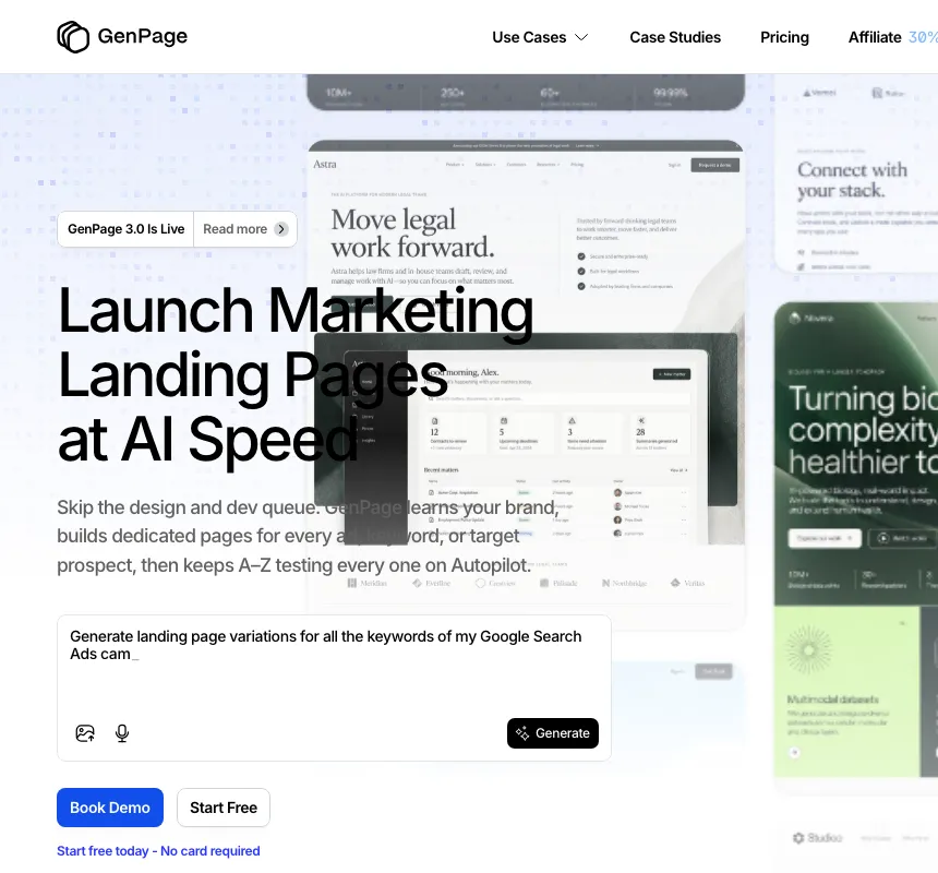 GenPage's public home page: "Launch Marketing Landing Pages at AI Speed", a prompt box with a Generate button, Book Demo and Start Free