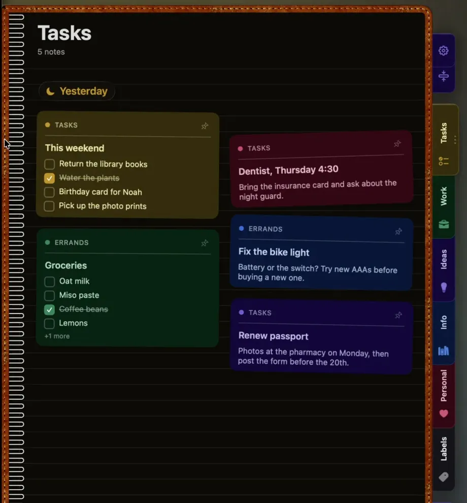 Screenshot of NoteWorthy's Mac app from its own site: a Tasks page of coloured note cards, with Tasks, Work, Ideas, Info, Personal and Labels tabs down the edge