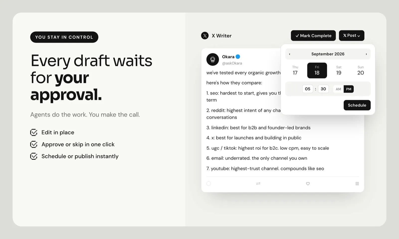 Okara's draft approval on Product Hunt: "Every draft waits for approval", edit in place, approve or skip, and a drafted X post to schedule