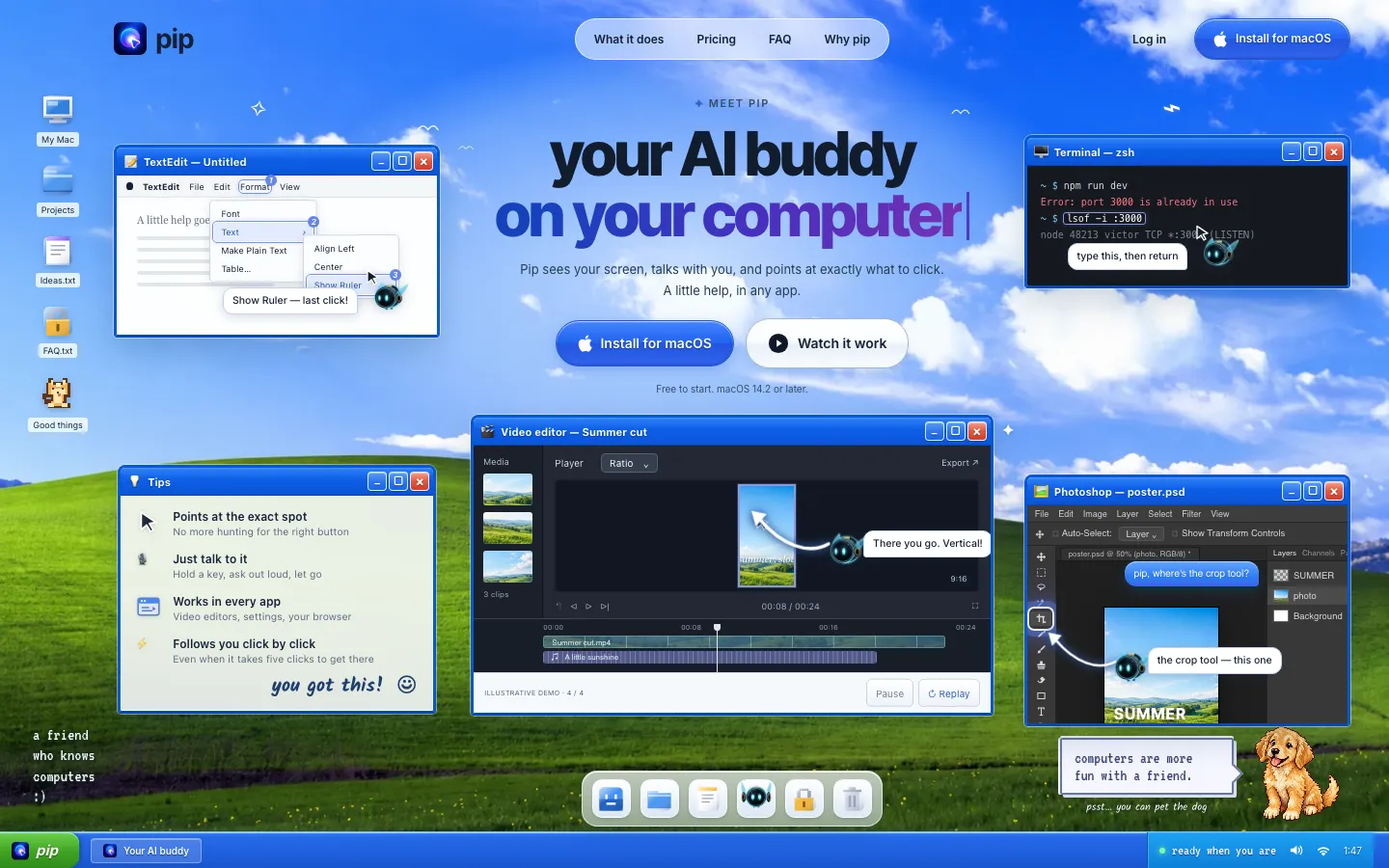 Screenshot of Pip's public homepage: 'your AI buddy on your computer', Install for macOS, and the buddy pointing at menu items in example app windows