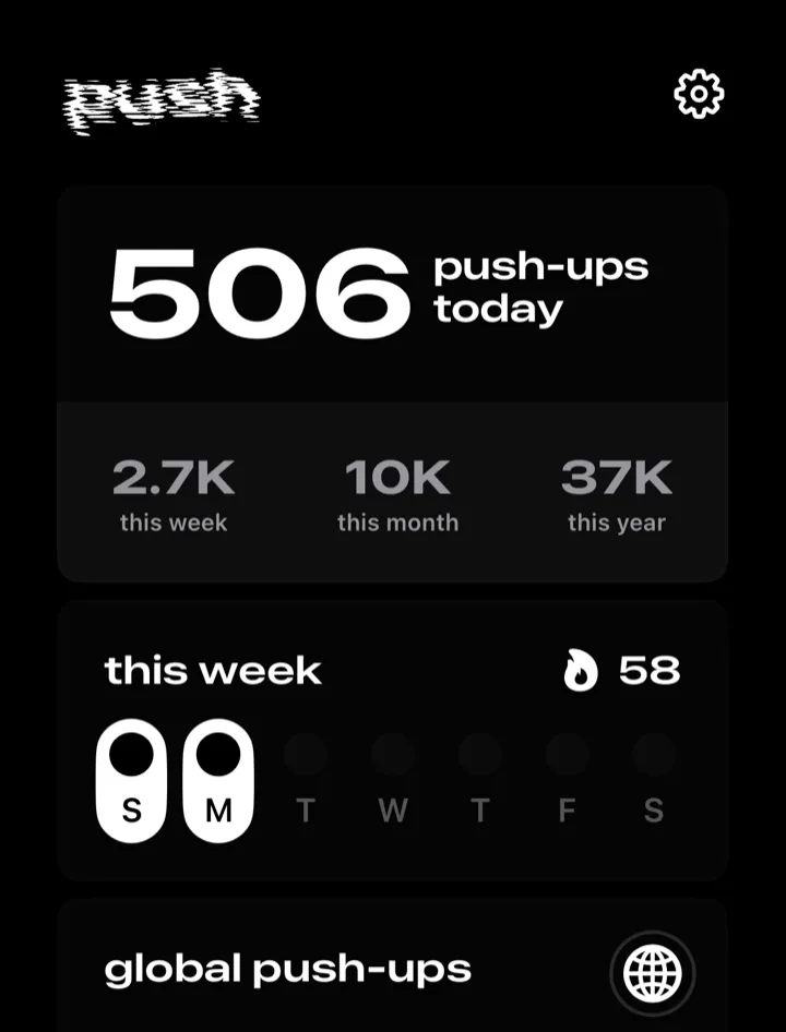 pushr's home screen from its website: 506 push-ups today, this week with day pills for S and M, a flame and 58
