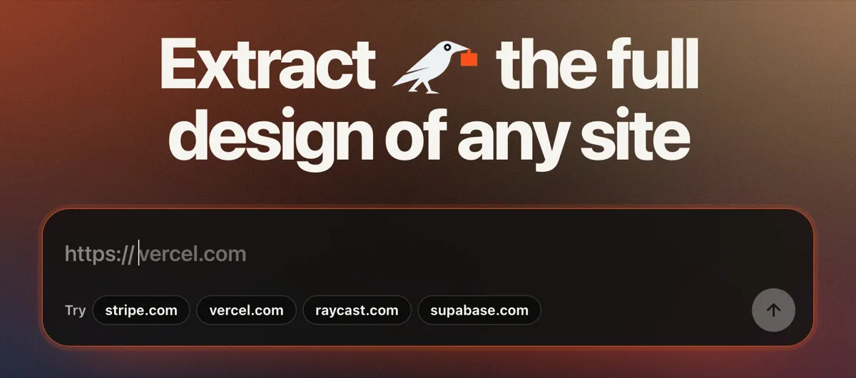 Screenshot of Siteprint's public home page: 'Extract the full design of any site' above a URL box with Try chips for stripe.com, vercel.com, raycast.com and supabase.com