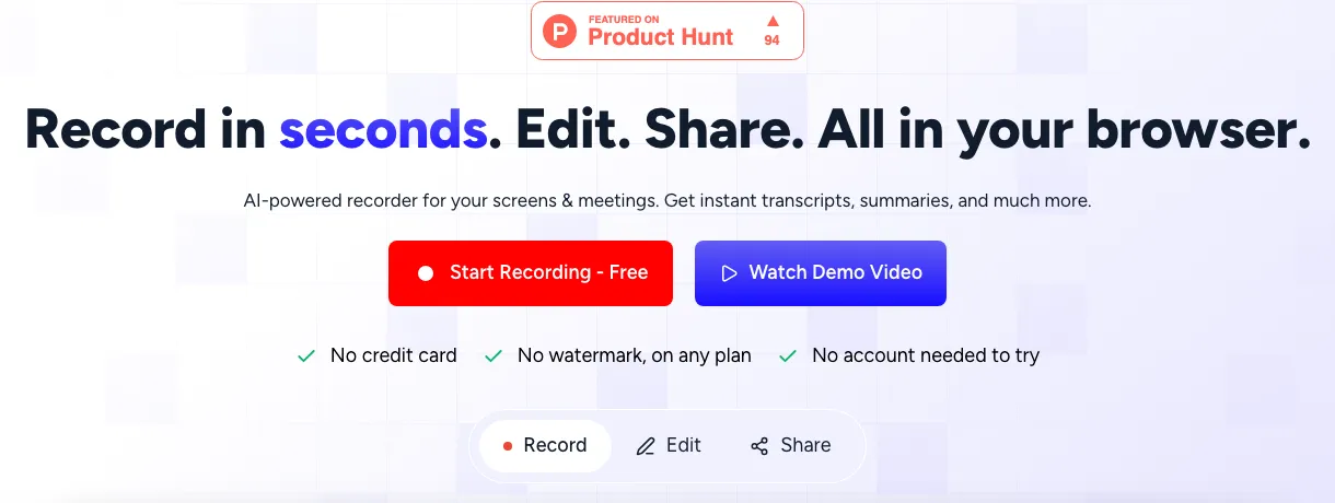 Skreno's public home page: Record in seconds. Edit. Share. All in your browser. A red Start Recording - Free button, Watch Demo Video, and Record, Edit, Share tabs