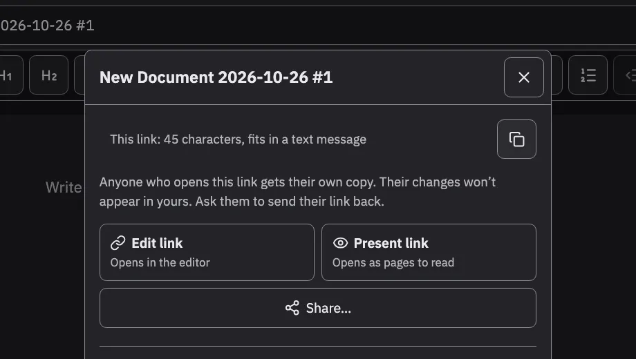 The real Share dialog right after clicking its Copy link button: the button and the dialog look exactly as they did before the click