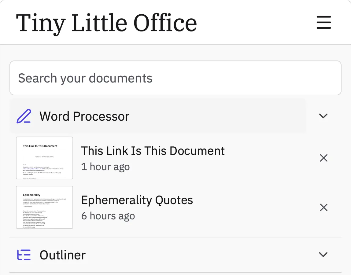 Tiny Little Office from its Product Hunt gallery: two saved files, This Link Is This Document and Ephemerality Quotes, sit inside the Word Processor row, under the same chevron that opens the templates