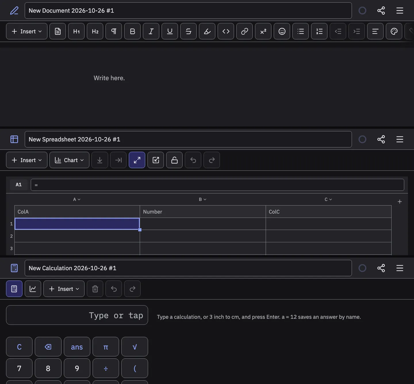 Three real tools at the same scale, stacked top to bottom (the top of each): the Word Processor with a narrow writing column, the Spreadsheet as a full-width grid, the Calculator as a small keypad on the left