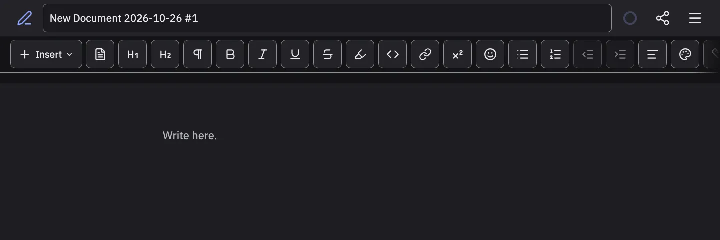 The real Word Processor: a title field, then a toolbar of big square buttons running the full width of a laptop screen, and a small Write here. prompt